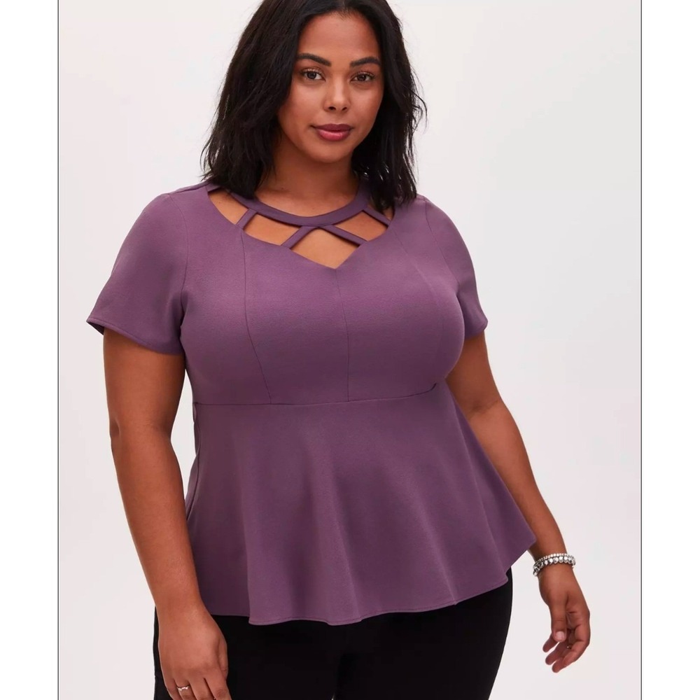 Torrid Purple Georgette Peplum Top Lattice Cage Neck Cutout Blouse Plus Size  3X